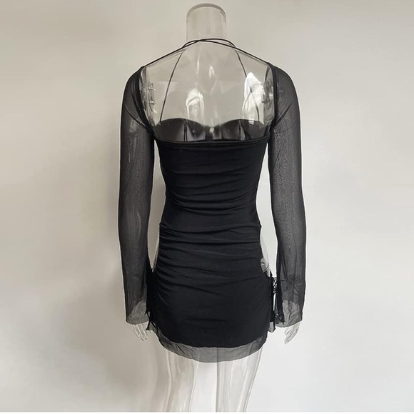 Women's Long Puff Sleeve Mini Bodycon Mesh Dress Flattering Split Hem - Picture 6 of 6